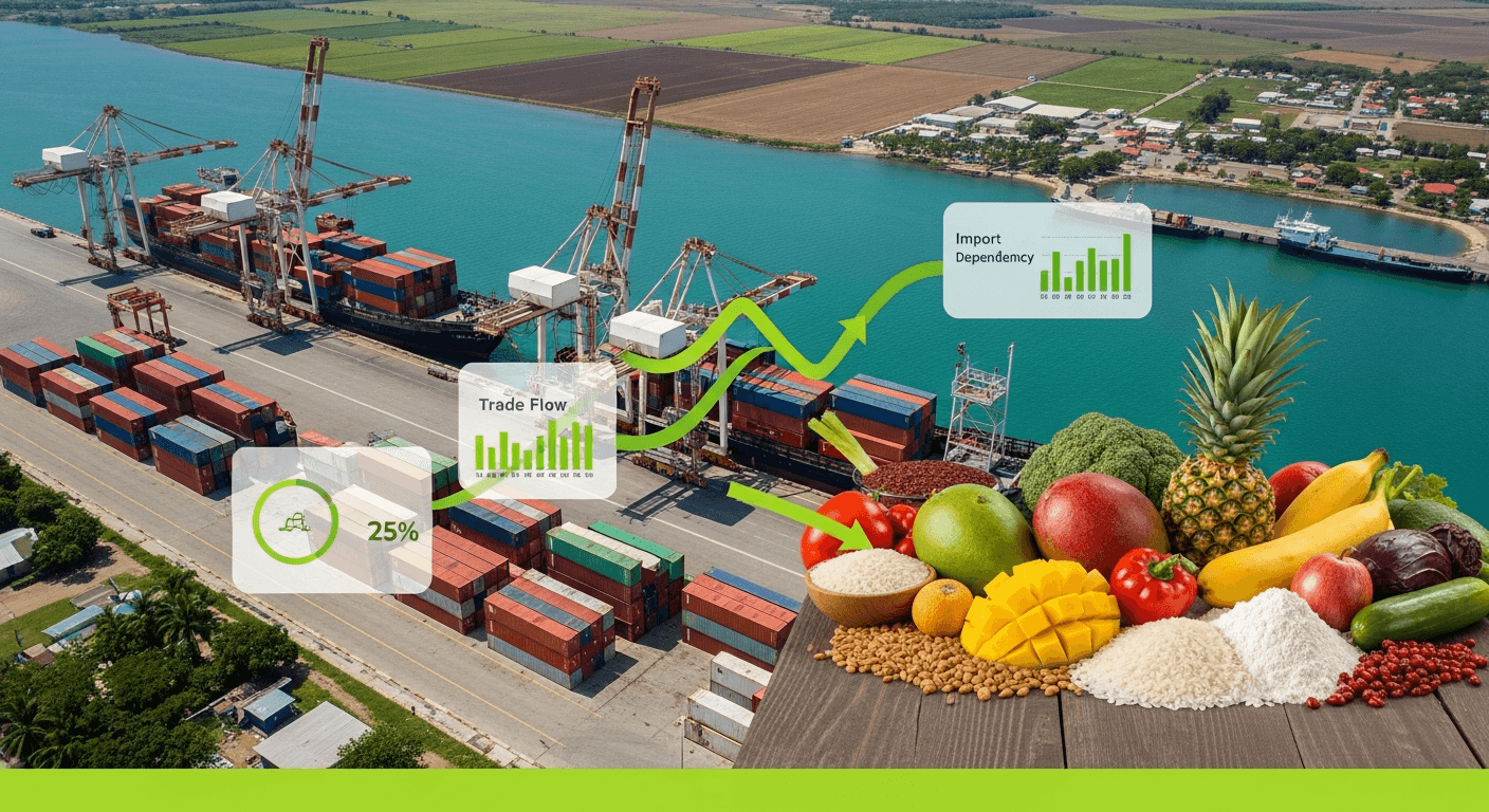 Caribbean food imports analysis showing port containers and agricultural produce across island markets