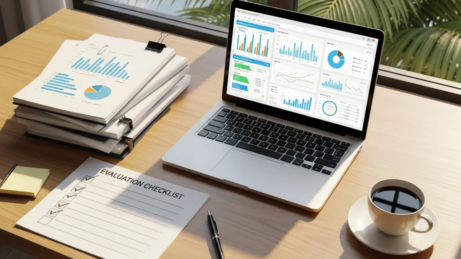 Caribbean market research vendor evaluation desk setup with checklist and analytics
